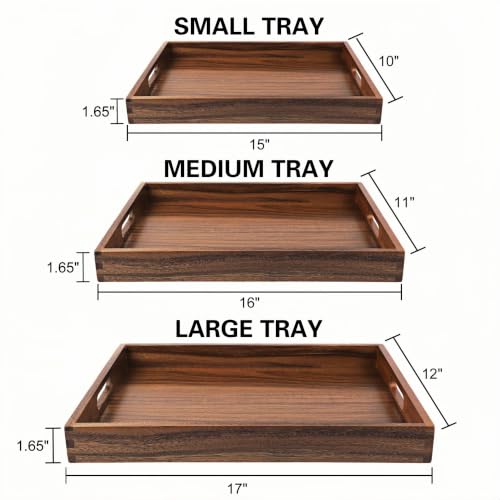 Acacia Wood Tray Set of 3, Stackable Serving Trays with Thick Base, Multi-Size Decorative Wooden Platter for Kitchen, Dining Room, Living Room, Coffee Table, Home Decor & Food Serving
