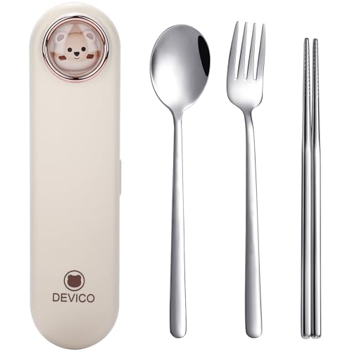 DEVICO Travel Utensils with Case Cute, Reusable Silverware for Lunch, 4Pcs Portable Cutlery Set, 18/8 Stainless Steel Fork Spoon Chopsticks in Cartoon Case, Dishwasher Safe (Light Yellow) - color: Light Yellow