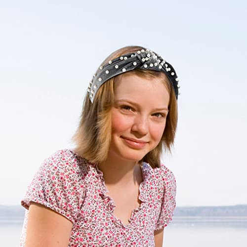LOVNFC Womens Headbands 6 Pcs Knotted Head Bands No Slip Fashion for women Girls Wide Top Knot Turban Hair Bands Velvet Hair Hoops Hairband (gray blue pink) - color: Pure color with pearl B