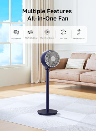 AIRMATE Standing Fan for Bedroom, 9" Blade Pedestal Fan with Remote, DC Motor, 12 Speeds, Quiet 25dB, 960CFM High Airflow, 85ft, Adjustable Height (12"-37"), 12H Timer, 80° Oscillating fan, DarkBlue