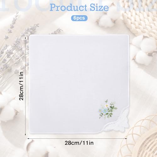 6Pcs White Handkerchief, Women's Handkerchief with Lace, Floral Embroidered Cotton Handkerchiefs with Bow Edge for Wedding, Bride, Party, Daily Use (11 inch)
