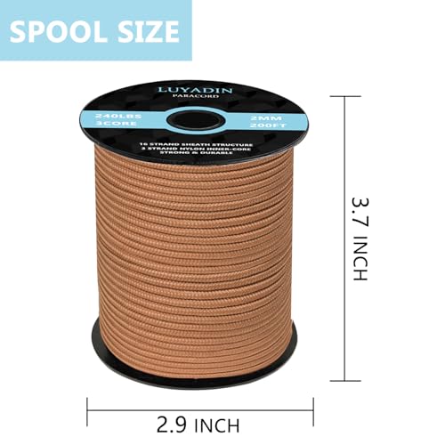 Paracord 240lb - Diameter 2mm Micro Utility Cord -3 Strand Parachute Spool Cord - 100ft 200ft,Paracord for Camping,Hiking,Fishing,Outdoor and DIY - color: Brown, size: 200 ft