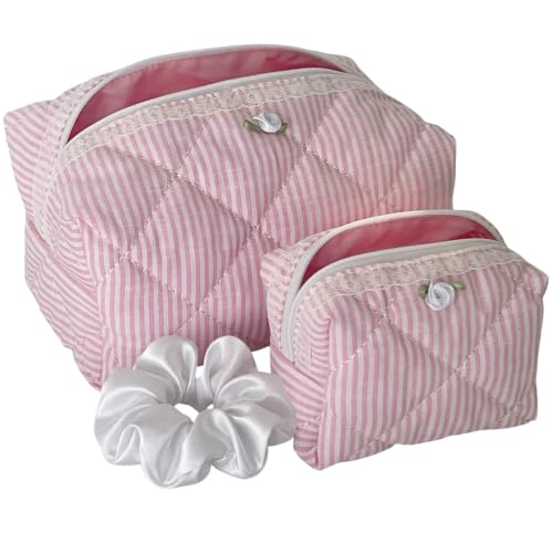 Pink Striped Quilted Makeup Bag Set of 2 with Lace & Rosette + Silk Scrunchie, Cute Soft Cotton Pouch Set, Coquette Pink Makeup Pouch for Purse, Travel Toiletry Bag, Aesthetic Gift Set Women Teen Girl