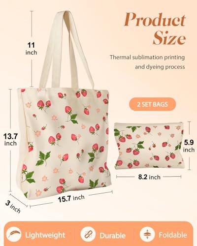Miss Adola Canvas Tote Bag with Matching Makeup Pouch - color: Strawberry Floral