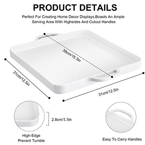 Square Serving Trays with Handles Melamine White 12.5x12.5 Inch Spill Proof Kitchen Eating Trays Set of 2 for Cafeteria Cafe Food Appeizer Dessert Snack Dinner Lunch Breakfast,TR14-02 - color: White