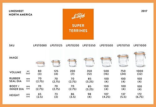 Le Parfait Super Terrine 350ml (12oz) Glass Canning Jar, Wire Bail Lid, 6PK - color: 350ml (Set/6)