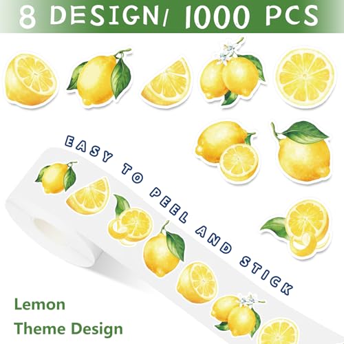 FYSUIMU 1000 Pcs Lemon Stickers Roll Summer Yellow Fruit Self Adhesive Decorative Decal Labels for Scrapbook Envelope Seals Water Bottle Laptop Decor Party Favor