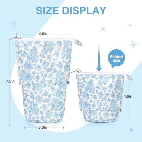 Cute Standing Pencil Case Pen Holder for Kids, Pop Up Stand UP Bubble Tea Pen Organizer Kawaii Stationary for Christmas Holiday New Year Office (Blue flowers) - color: Blue Flowers