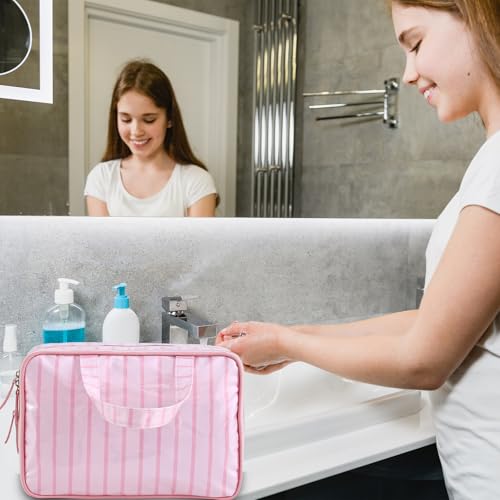 Toiletry Bag for Women, Pink Stripe - color: Pink Stripe