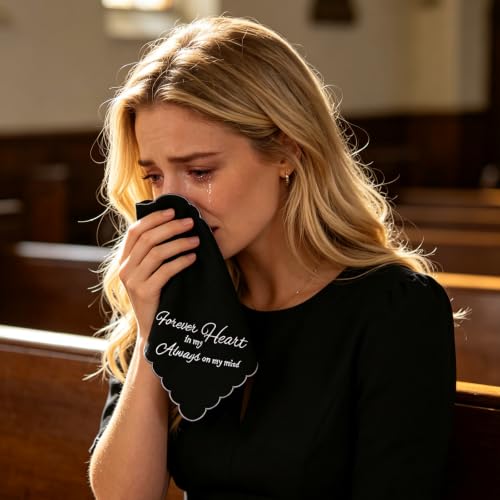Black Cotton Funeral Handkerchiefs, Embroidered Memorial Handkerchief Gifts - color: Forever in My Heart -3pcs