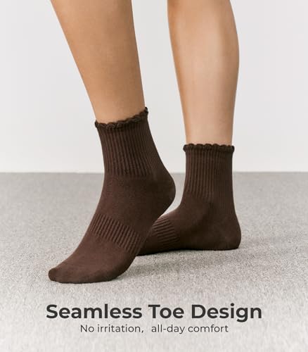 CS CELERSPORT Women's Mini Crew Ankle Socks with Scalloped Top,Pack of 6 - color: Brown, size: Small