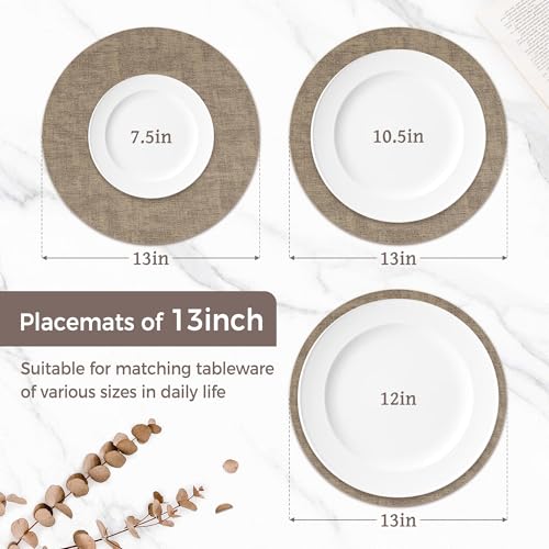 13" Round Placemats Set of 6, Reversible Faux Leather Wipeable Table Mats - color: Light Coffee
