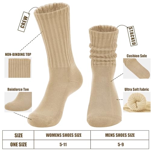 AugRing Women's Scrunch Crew Socks Retro 3-Pack Solid Cotton Boot Calf Chunky Ribbed Cozy Slouchy Socks Size 5-11 - color: 3 Pack Beige