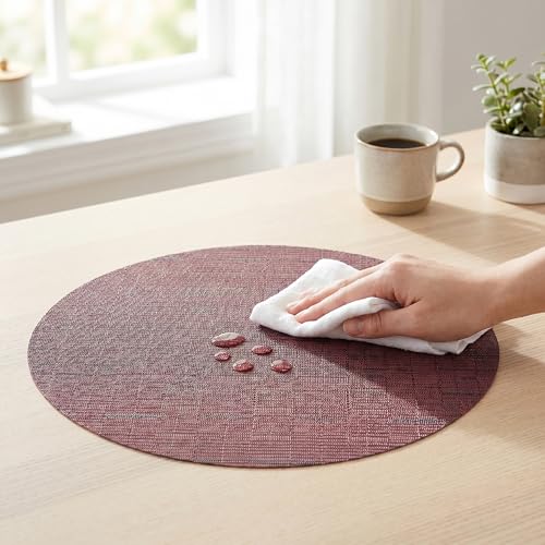 Round Imitation Bamboo PVC Placemats Set of 6,Countertop Protector - color: Burgundy