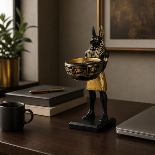 10'' Anubis Statue Bowl, Black Gold Egyptian Decor, Resin Sculptures