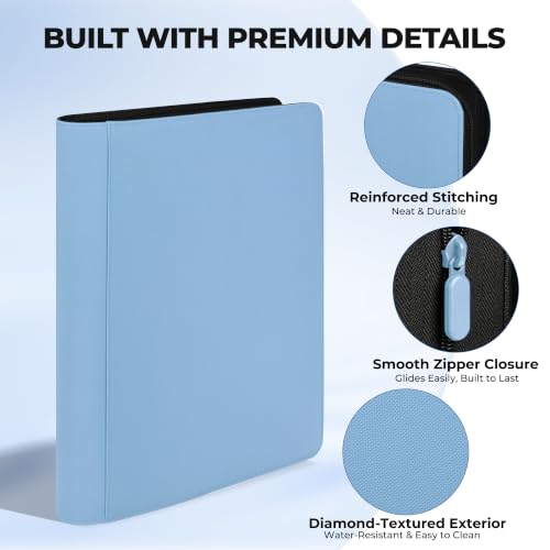 16 Pocket Zip Card Binder, 1024 Pockets Trading Card Binder with Side Loading Pockets, Water-Resistant Diamond-Textured Cover, Large 16 Slot Card Binder for TCG & Sports Cards - color: Light Blue, size: 16-Pocket