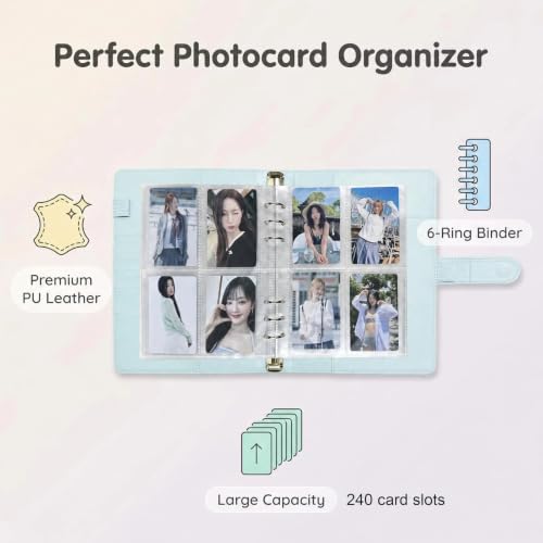 A5 Kpop Photocard Binder, 6 Ring Binder Collector’s Album with 240 Card Slots, PU Leather Binder Cover for Organizing K-Pop, Trading Cards, Game Cards & Memorabilia (Mint Blue) - color: Mint Blue