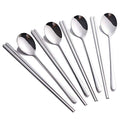 Buyer Star 4 Set Silver Korean Chopsticks Spoon Set Reusable Metal Stainless Steel Spoon Chopstix Set - color: silver-flat chopstick and spoon