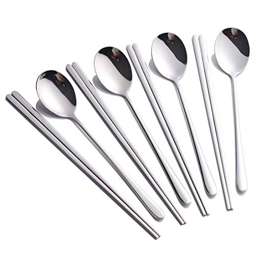 Buyer Star 4 Set Silver Korean Chopsticks Spoon Set Reusable Metal Stainless Steel Spoon Chopstix Set - color: silver-flat chopstick and spoon