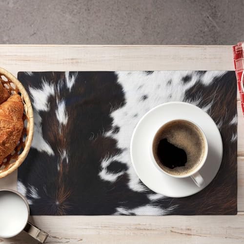 Cow Print Western Placemats Washable Table Placemat Set of 6 - color: Brown Black White, size: Set of 6