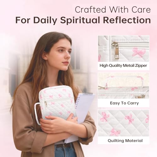 Bible Cover Case for Women Large Bible Cover Bag Quilted Bible Carrying Case for Girls Bible Study Supplies Accessories Christian Gifts for Women (New Pink Bow, Large) - color: New Pink Bow