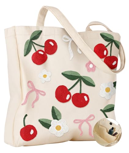 Miss Adola Embroidery Canvas Tote Bag with Pocket & Buckle - color: Cherry