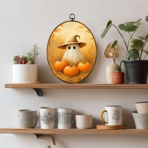 Straw Hat Ghost Oval Wall Art, Framed Canvas Decor, 8.5x11.5 Inch - color: Straw Hat Ghost Pumpkin Grass