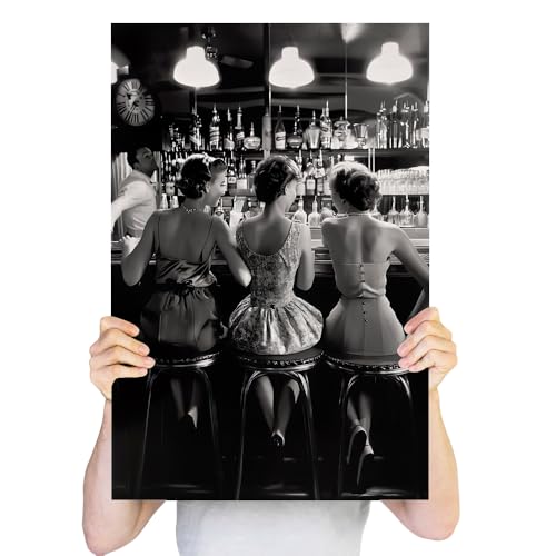 Vintage Black and White Posters Trendy Women Drink Cocktail Wall Art Funky Girly Room Decor Retro Alcohol Canvas Prints Three Friends Pictures for Bar Cart Apartment Dorm Aesthetic 12x16in Framed - color: Framed 1, size: 16"L x 12"W