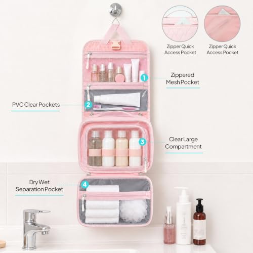 TOPEAST Quilted Travel Toiletry Bag for Women,Detachable Hanging Makeup Bag - color: Pink