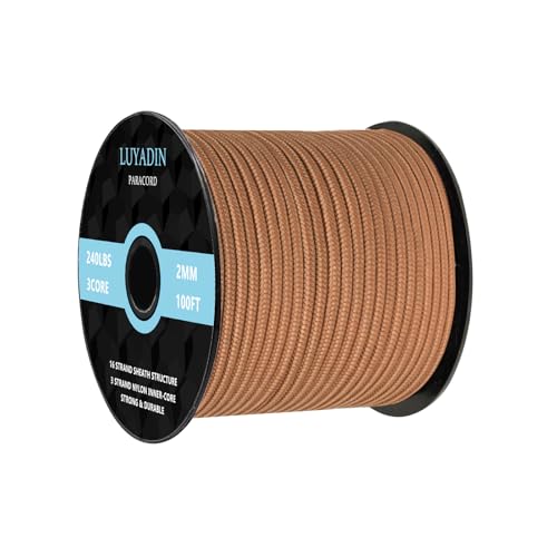 Paracord 240lb - Diameter 2mm Micro Utility Cord -3 Strand Parachute Spool Cord - 100ft 200ft,Paracord for Camping,Hiking,Fishing,Outdoor and DIY - color: Brown, size: 100 ft