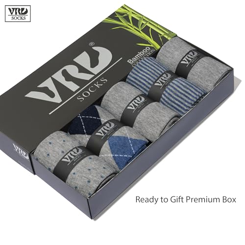 VRD Men's Dress Socks Bamboo Rayon, 5-Pack Crew Socks, Multiple Colors and Designs, Shoe Size 8-13, Gift Box - color: 04: Light Grey, 5-pack Mix (2 Solid, 1 Striped, 1 Dotted, 1 Argyle)