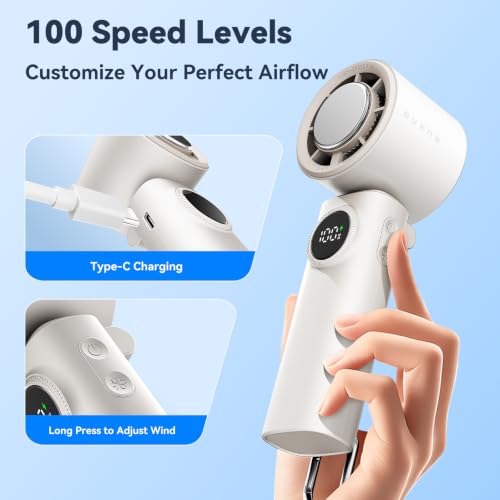 MUXNW Handheld Mini Portable Fan, HD Display 100 Speed Levels(White) - color: White