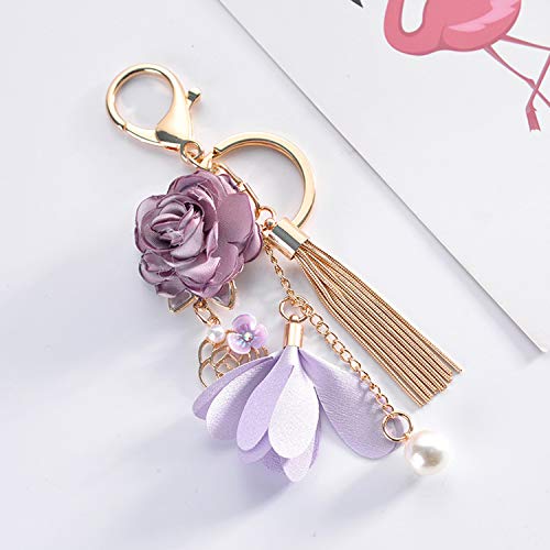 Flower Tassel Keychain Pearl Car Keyring Holder Purse Handbag Pendant - color: Purple