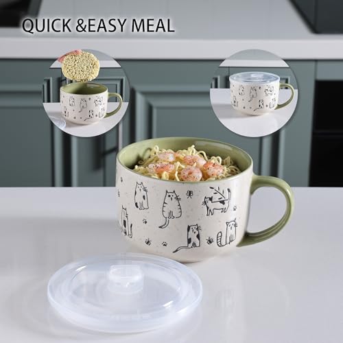 AmorArc 24 Ounces Ceramic Soup Mugs with Lids and Handle, Stoneware Bowls Cup Set of 2 for Soup, Stew, Noodle, Beautiful Mug Bowls With Lovely Dog,Cat Patterns, Microwave&Dishwasher Safe,Olive - color: Olive, size: 24oz