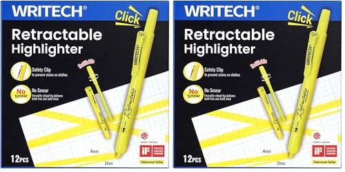 WRITECH Retractable Highlighters Chisel Tip: Fluorescent Yellow Ink Highlighter Marker Pens No Bleed & Smear Pack for Home School Office (12ct Yellow) (Pack of 2) - color: Yellow, size: 1 Count (Pack of 24)