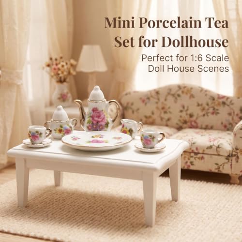 Miniature Tea Set 1/6 Scale Dollhouse Accessories Porcelain, Pink - color: Pink