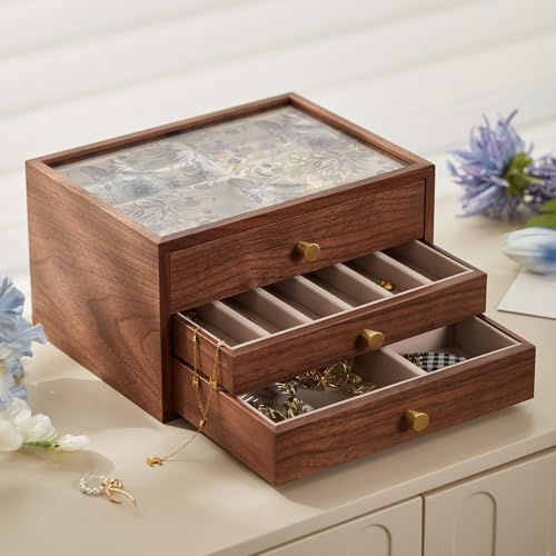 Black Walnut Wooden Women Jewelry Box with Glass Lid, 3 Layer - style: 3 Layer B