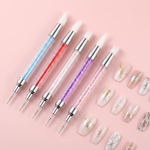 Nail Art Tools Set（100PCS）, 5 Pcs Professional Nail Art Detail Brushes,Dual End Silicone Nail Dotting Sculpture Pen, Nail Sponges with Grabbing Pen,Mixing Palette Pen Holder - color: White-100Pcs