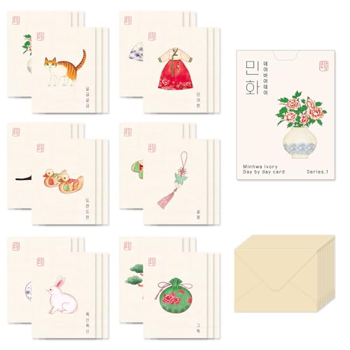 Monolike Day by Day Card, 102 Minhwa Ivory Series. 1 - Mix 48 Mini Single cards, 24 envelopes Package - color: 102 Minhwa Ivory Series. 1