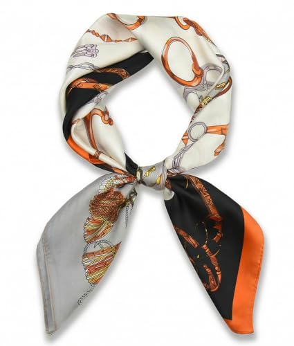 corciova Women’s Square Scarf 27.5 in (70 x 70 cm), Satin-Feel Polyester, Lightweight Fashion Scarf for Hair, Neck and Bag - color: Equestrian Horse Bit Chain (Orange Black Grey Off White)