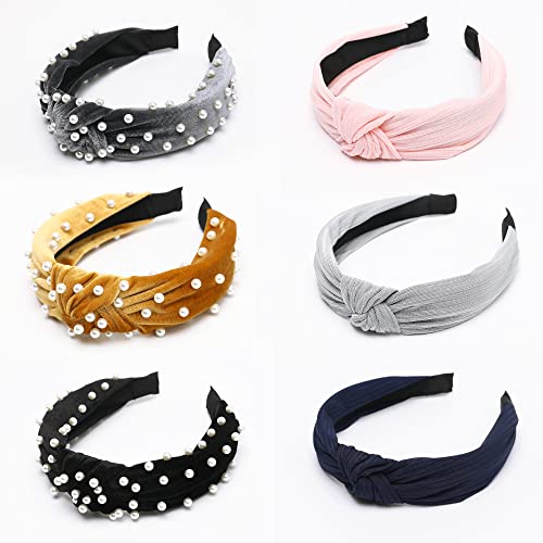 LOVNFC Womens Headbands 6 Pcs Knotted Head Bands No Slip Fashion for women Girls Wide Top Knot Turban Hair Bands Velvet Hair Hoops Hairband (gray blue pink) - color: Pure color with pearl B