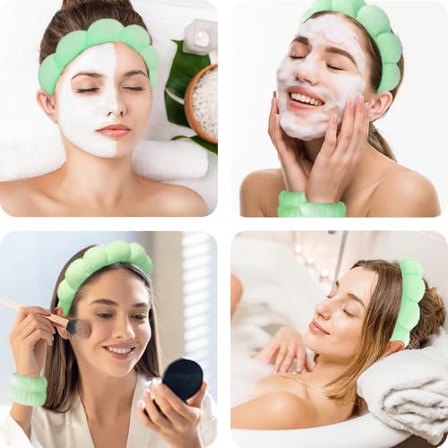 Spa Headbands for Washing Face Wristband Set Sponge Makeup Skincare Headband Wrist Towels Bubble Soft Terry Towel Cloth Hairband for Women Puffy Headwear Non Slip Thick Thin Hair Headwear (Green) - color: Green