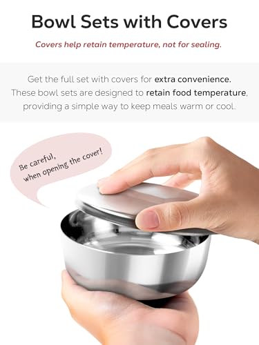 Korean Stainless Steel Rice Serving Bowls with Covers, Set of 4, Keep Your Food Hot & Cold, Long-Lasting Durability, Traditional Kitchenware for Home & Restaurants, Made in Korea