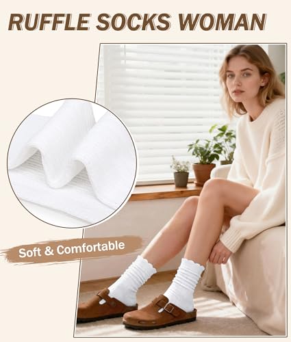 Justay 6 Pairs Ruffle Socks Women, Crew Cotton Frilly Boot Socks - color: White Black