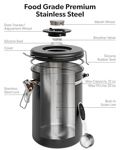 Veken Coffee Canister with Window, Airtight Stainless Steel Container, 22OZ - color: Black, size: 22 oz
