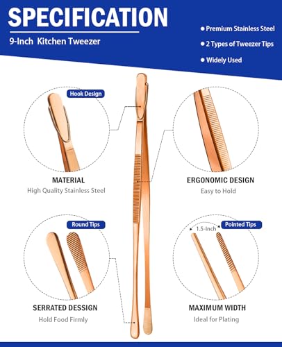 JETKONG 2 Pcs 9-Inch Kitchen Tweezers Cooking Tweezer Tongs Stainless Steel Food Tweezers (Rose Gold) - color: Rose Gold, size: 9+9 Inch
