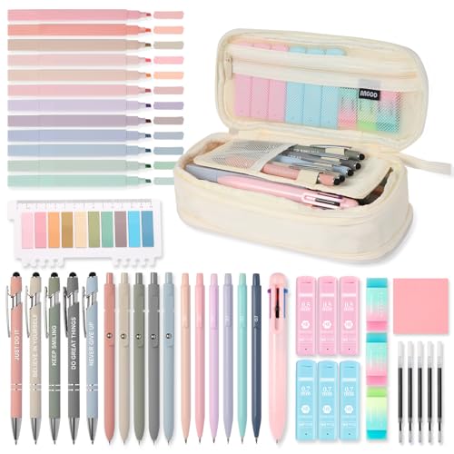 56 PCS Aesthetic School Supplies with Large Pencil Case, 5 Inspirational Ballpoint Pens, 12 Pastel Highlighters, 5 Black Ink Gel Pens, 6 Mechanical Pencils 0.5-0.7mm College Student Essentials (Beige) - color: Beige