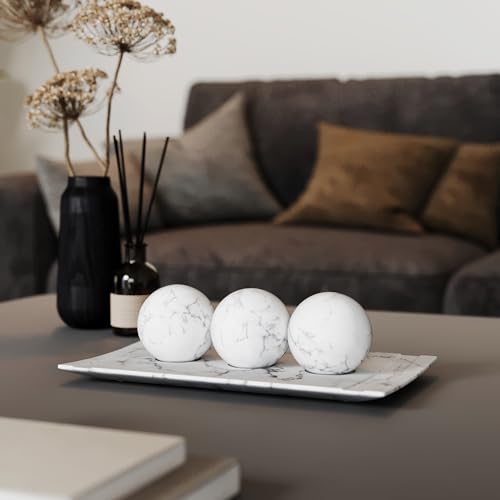 Creative Scents White Marble Look Home Decor Tray and Orb Set Coffee Table Decor for Living Room Centerpiece Table Decorations for Dining Table, Kitchen, Foyer, Entryway Elegant House Decoration - color: Matte White Marble Look