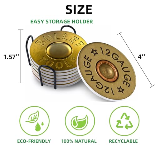 Coasters for Drinks with Holder Set of 6, Shotgun Shell Ceramic Coaster Absorbent for Office Desk Table Coasters Kitchen Decor House Warming Gifts for New Home Couples, Round 4" - color: Shotgun Shell