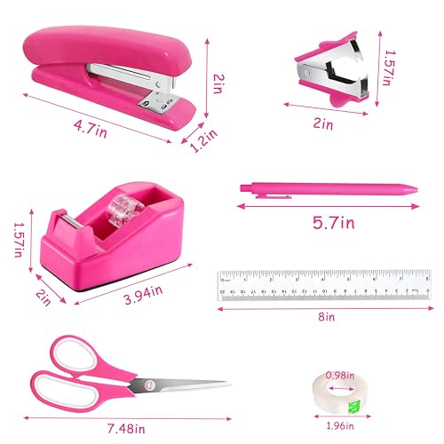 Dimonluce Hot Pink Desk Accessories, Hot Pink Office Supplies Accessories with Tape Dispenser, Stapler, Staple Remover, 1000 Staples, Tape, Clips Set, Ruler, Scissor, Pen - color: Hot Pink